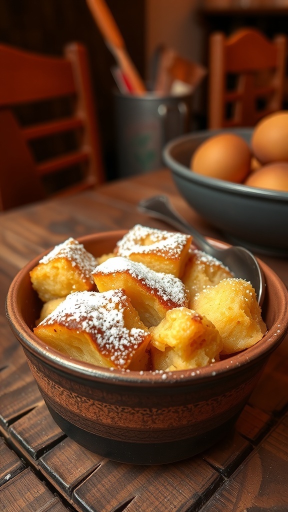 Classic Bread Pudding Recipe A bowl of golden-brown bread pudding dusted with powdered sugar, served with a spoon in a cozy kitchen setting.